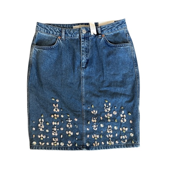 NWT Top Shop Rhinestone Embroidered Denim Moto Pencil Skirt 0124 - Picture 1 of 10